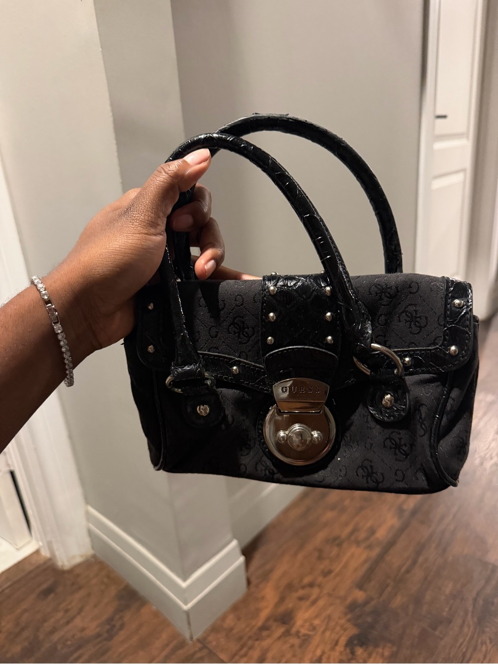 Guess Black Logo Satchel with Patent Trim